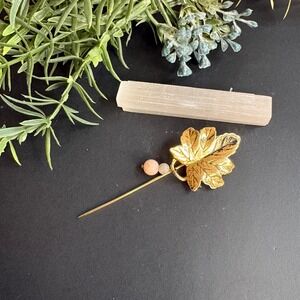 Leaf Stick Pin | Gold Tone Hat Pin | Stone Bead Accent Vintage